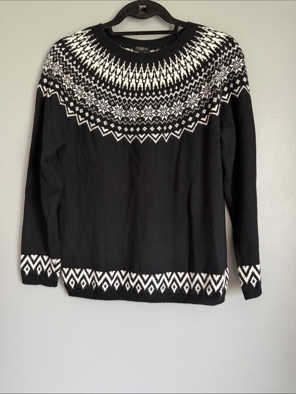 Talbots Black White Fair Isle Crewneck Sweater Knit Winter Apres Ski Classic LP
